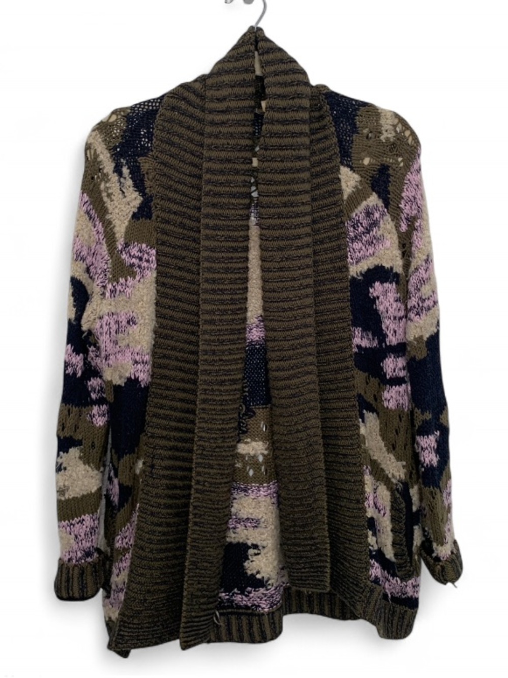 Ping Olive Open-Front Floral Knit Cardigan with Pink Accents